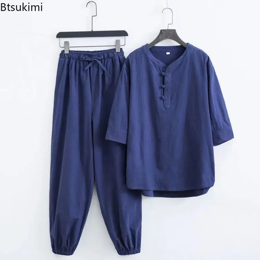New Men's Cotton Linen Sets Chinese Style Solid Short Sleeve Pants Two Pieces Traditional Clothes Kung Fu Uniform Tang Suit Male
