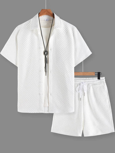 Men's Korean Luxury Textured Set, 3D Embossed Shirt & Matching Shorts, Loungewear