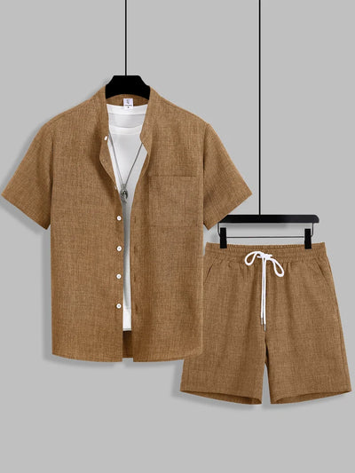 Summer Men's Cotton Linen Texture Stand Collar Short Sleeve Shirt & Shorts Casual Set, Loose Breathable Two-Piece Outfit