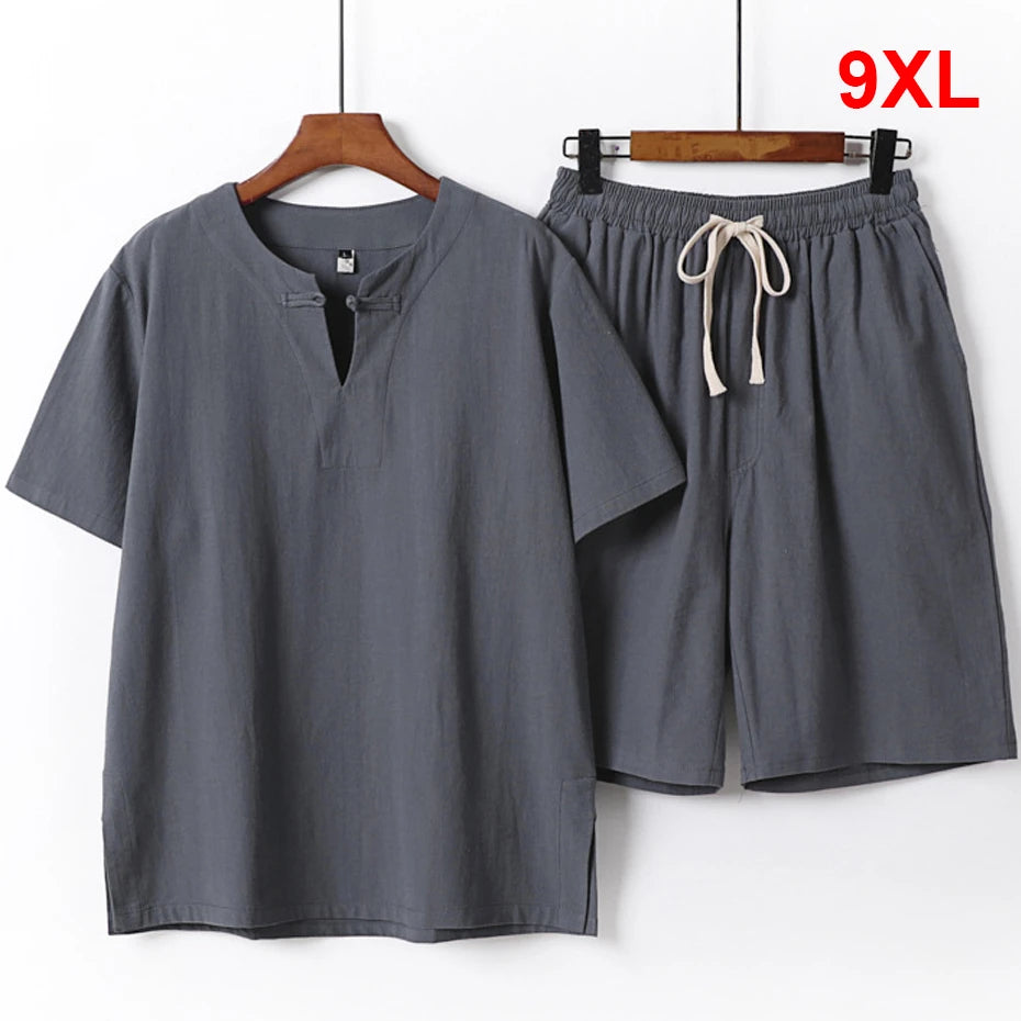 Summer Sets Men Linen T-shirt Shorts Suits Fashion Casual Solid Color Suits Male Plus Size 9XL Chinese Traditional Style Sets