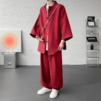 Shirt pnats set Summer Men's Short Sleeve Lin Tang Suit Elderly Chinese Style Hanfu Cotton Lin Buddhist Clothes Casual Business