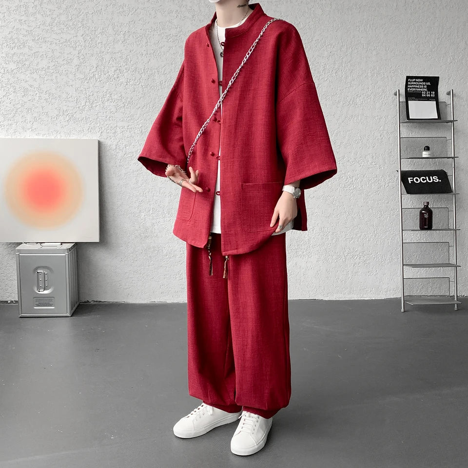 Shirt pnats set Summer Men's Short Sleeve Lin Tang Suit Elderly Chinese Style Hanfu Cotton Lin Buddhist Clothes Casual Business