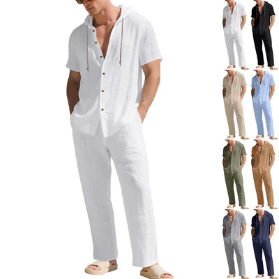 American Summer Men's Linen Casual Set Short-Sleeved Shirt And Long Pants 2-Piece Comfortable Loose Fit for Men