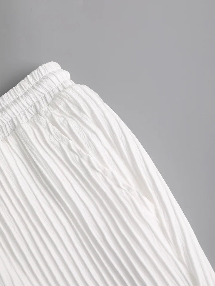 Men's White Vertical Striped Textured Henley Shirt Casual Set 2 Piece Summer Short Sleeve Drawstring Pants Outfit