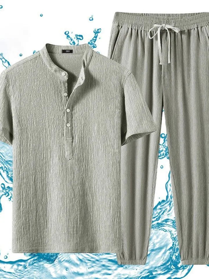 Summer Solid Color Ice Silk Sports Breathable Short Sleeve T-shirt Set Men's Casual Loose Large Size High-Grade Two-Piece Set