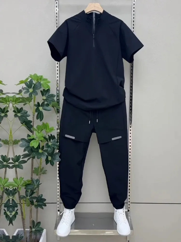 2025 Summer Breathable ice Silk Casual Sportswear Set, fashionable zipper quick-drying casual long pants and short-sleeved 2pcs