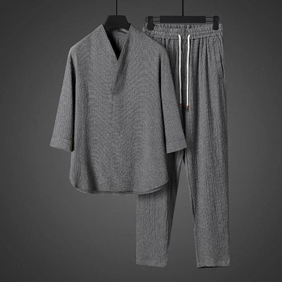 Spring Summer Thin Men Set Two Pieces Ice Silk V Neck Button Half Sleeve Tops Breathble Solid Color Pants Fashion Set