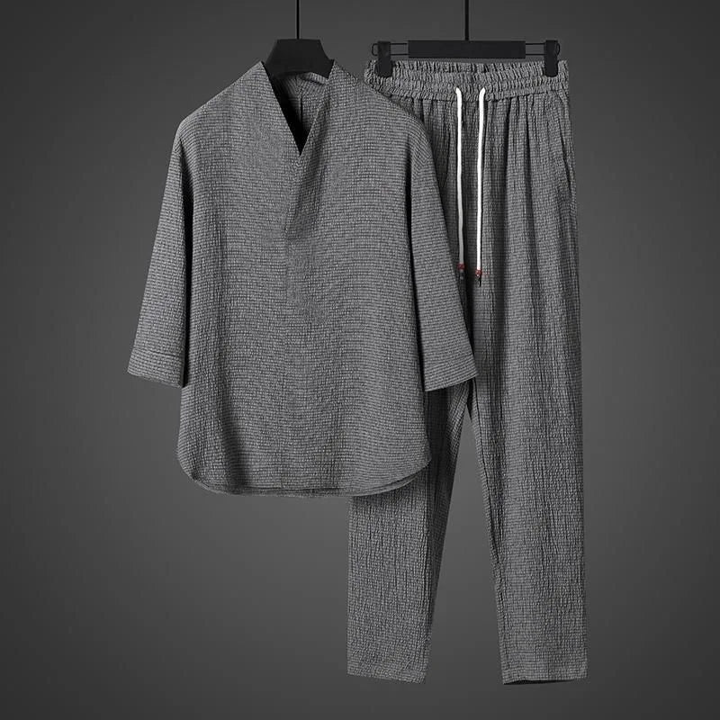Spring Summer Thin Men Set Two Pieces Ice Silk V Neck Button Half Sleeve Tops Breathble Solid Color Pants Fashion Set