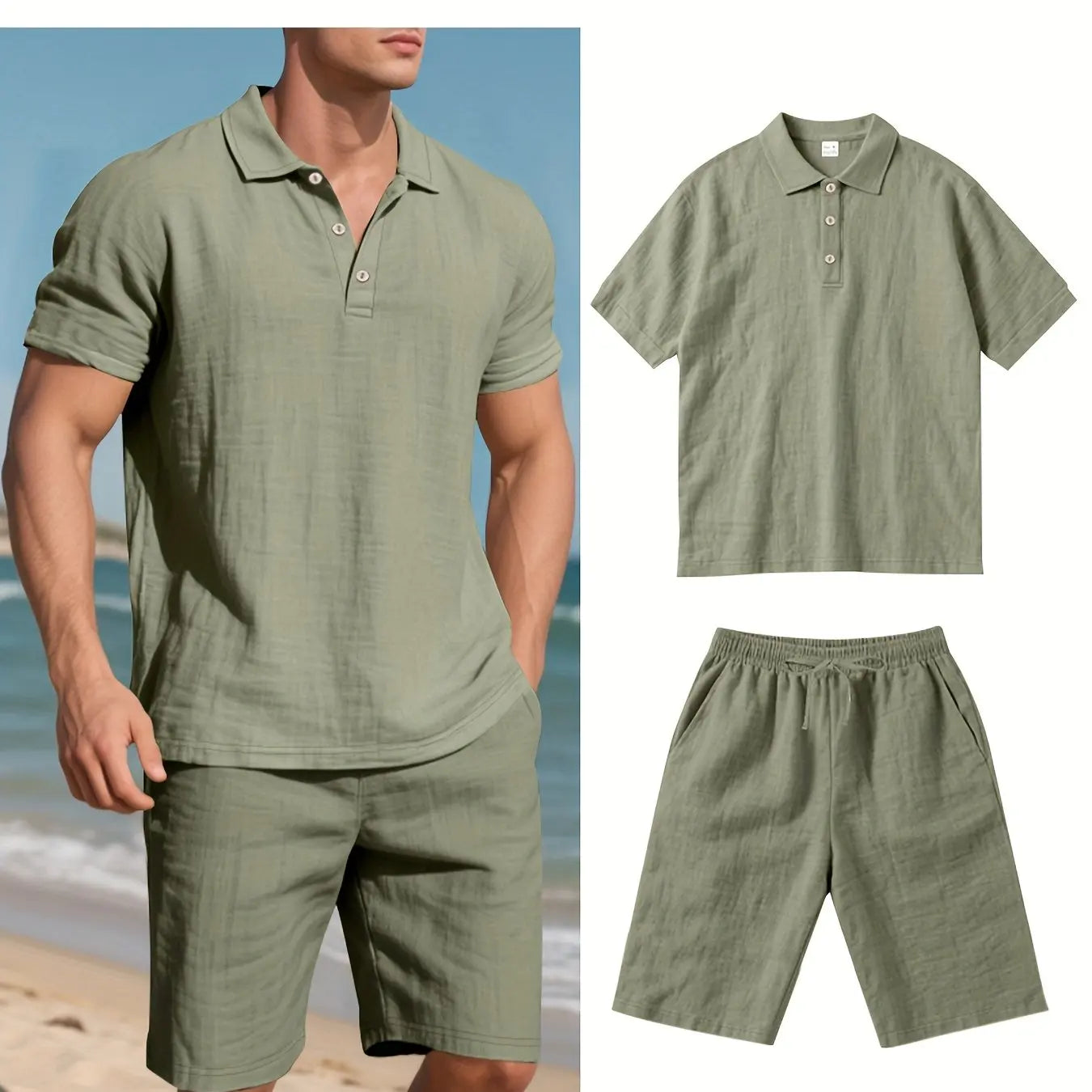 Summer Men Suit Fashion Linen Lapel Button 2 Piece Set Short-sleeved Polo Shirts+Shorts Sportswear Beach Man Suit