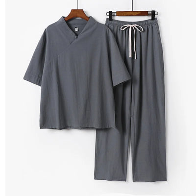 Linen Sets Men Sprint Summer T-shirt Pants Suits Casual Solid Color Suits Male Plus Size 9XL Chinese Traditional Style Sets