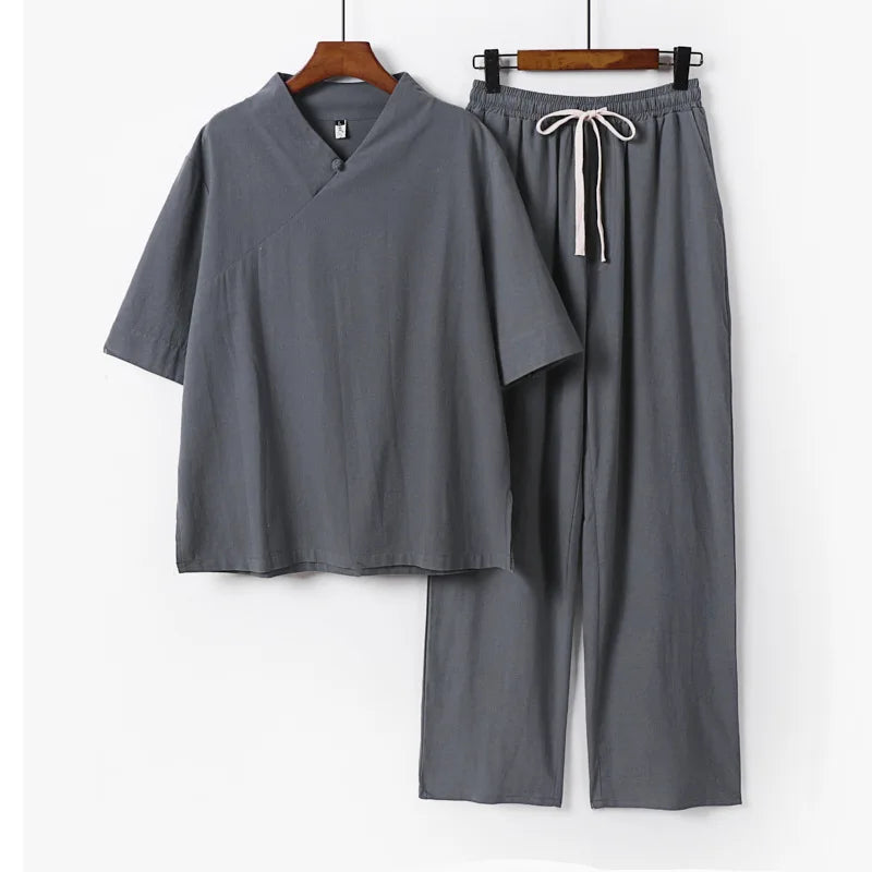 Linen Sets Men Sprint Summer T-shirt Pants Suits Casual Solid Color Suits Male Plus Size 9XL Chinese Traditional Style Sets