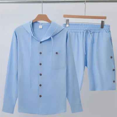 2025 Hawaii Men's Cotton Linen Casual Suit Summer New Men's Hooded Solid color Casual Long sleeved Shirt and Shorts 2-Piece Set