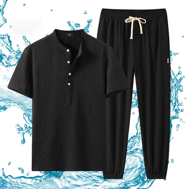 Summer Solid Color Ice Silk Sports Breathable Short Sleeve T-shirt Set Men's Casual Loose Large Size High-Grade Two-Piece Set