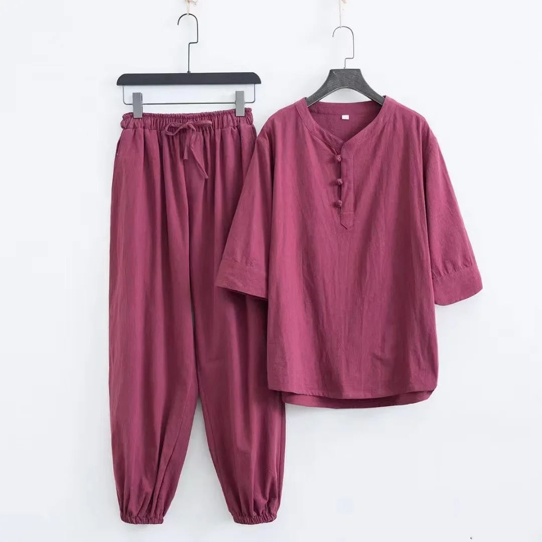 New Men's Cotton Linen Sets Chinese Style Solid Short Sleeve Pants Two Pieces Traditional Clothes Kung Fu Uniform Tang Suit Male