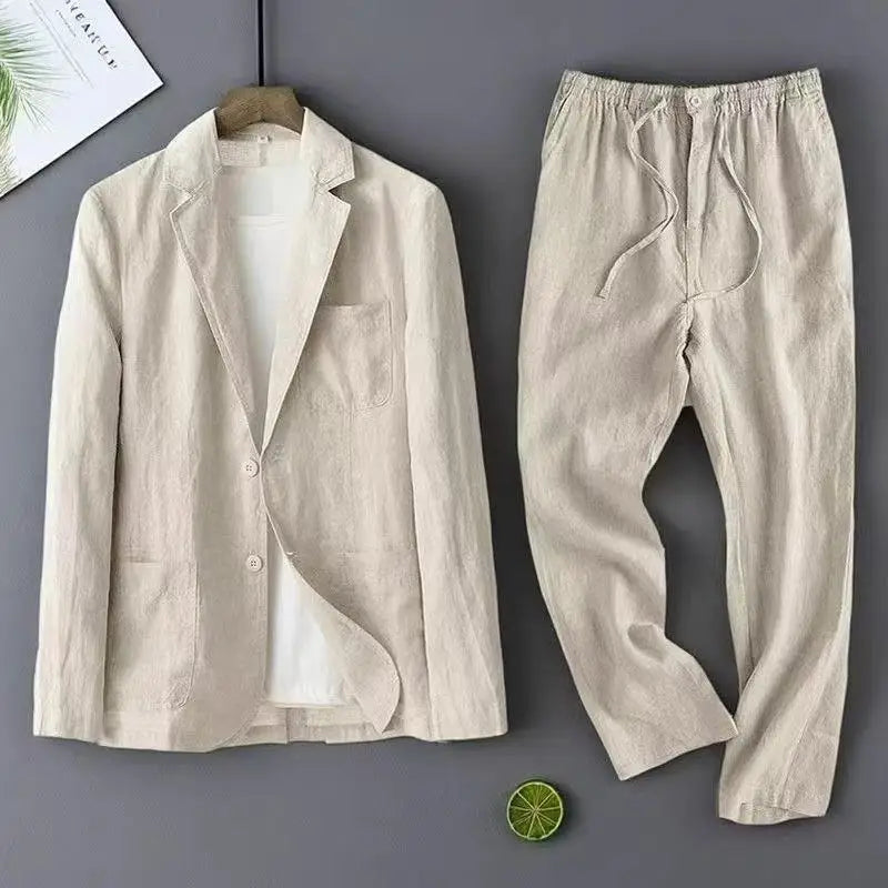 Spring Summer Men Suit Fashion Men Cotton Linen Two-piece Set Blazer Jacket + Pants Casual Business Thin Clothing Breathable