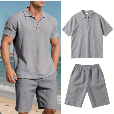 Summer Men Suit Fashion Linen Lapel Button 2 Piece Set Short-sleeved Polo Shirts+Shorts Sportswear Beach Man Suit