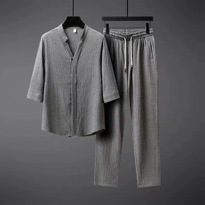 Chinese style Shirts + Pants summer 100% Cotton linen Sportswear Men's Casual Sets spring Male Fashion Chinese style trousers