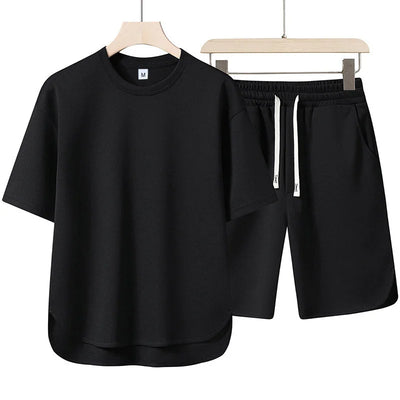 2026 Summer New Men Suit Round Neck Short Sleeve T-shirt+shorts Two Piece Set Loose Outdoor Sports Casual Solid Color Tracksuit