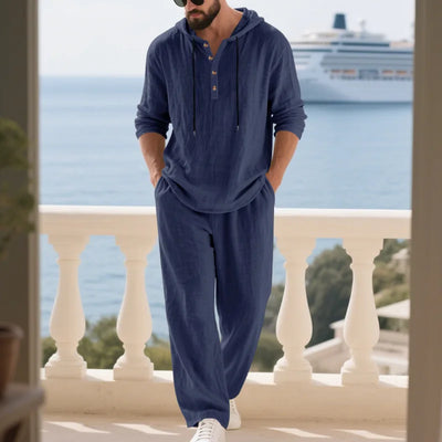Spring Summer Linen Men's Casual Suit Loose Hooded Henley Long Sleeve Long Pants Set Solid Color Fashion Casual