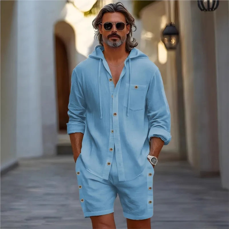2025 Hawaii Men's Cotton Linen Casual Suit Summer New Men's Hooded Solid color Casual Long sleeved Shirt and Shorts 2-Piece Set