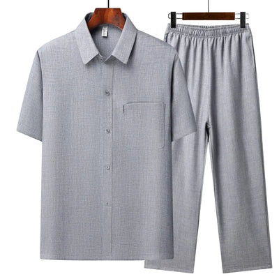 Tang Suit Summer Men's Chinese Style Solid color Short-Sleeved Suit Casual Fashion Cotton Linen Shirt + Pants 2-piece Set