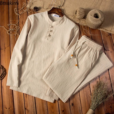 New Men's Chinese Traditional Clothing Breathable Cotton Linen 2PCS Sets Loose Casual Suit Men Tai Chi Kung Fu Costume Tang Suit