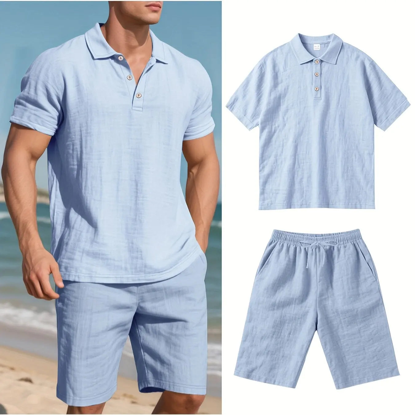 Summer Men Suit Fashion Linen Lapel Button 2 Piece Set Short-sleeved Polo Shirts+Shorts Sportswear Beach Man Suit