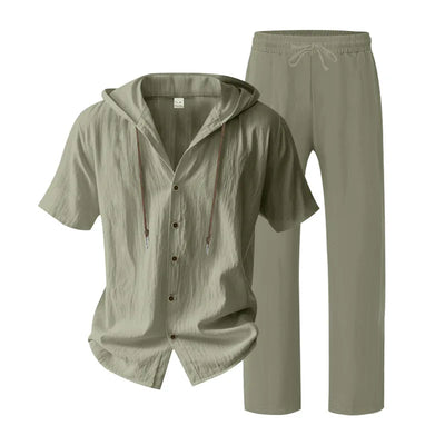 American Summer Men's Linen Casual Set Short-Sleeved Shirt And Long Pants 2-Piece Comfortable Loose Fit for Men