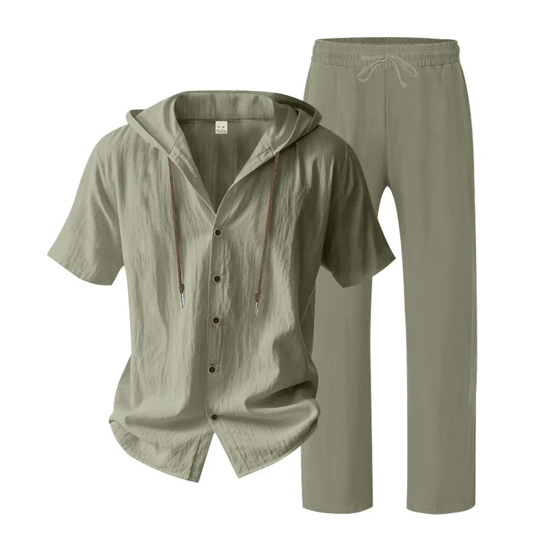 American Summer Men's Linen Casual Set Short-Sleeved Shirt And Long Pants 2-Piece Comfortable Loose Fit for Men