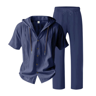 American Summer Men's Linen Casual Set Short-Sleeved Shirt And Long Pants 2-Piece Comfortable Loose Fit for Men