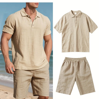 Summer Men Suit Fashion Linen Lapel Button 2 Piece Set Short-sleeved Polo Shirts+Shorts Sportswear Beach Man Suit