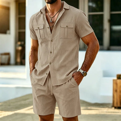New summer men's linen outdoor casual 2-piece set - Business casual short-sleeved shirt + shorts beach sports breathable street