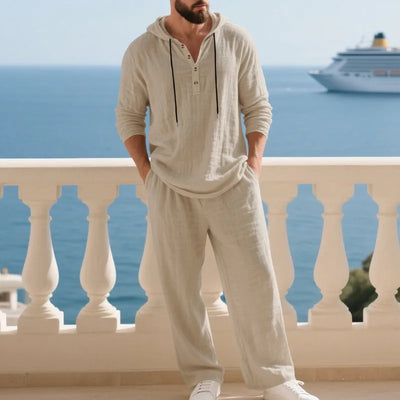 Spring Summer Linen Men's Casual Suit Loose Hooded Henley Long Sleeve Long Pants Set Solid Color Fashion Casual