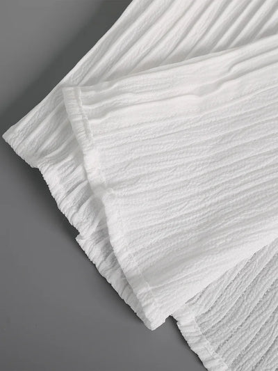 Men's White Vertical Striped Textured Henley Shirt Casual Set 2 Piece Summer Short Sleeve Drawstring Pants Outfit