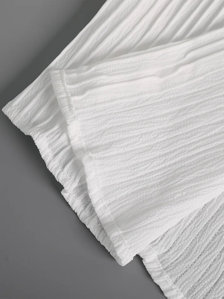 Men's White Vertical Striped Textured Henley Shirt Casual Set 2 Piece Summer Short Sleeve Drawstring Pants Outfit