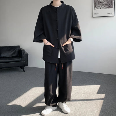 Shirt pnats set Summer Men's Short Sleeve Lin Tang Suit Elderly Chinese Style Hanfu Cotton Lin Buddhist Clothes Casual Business