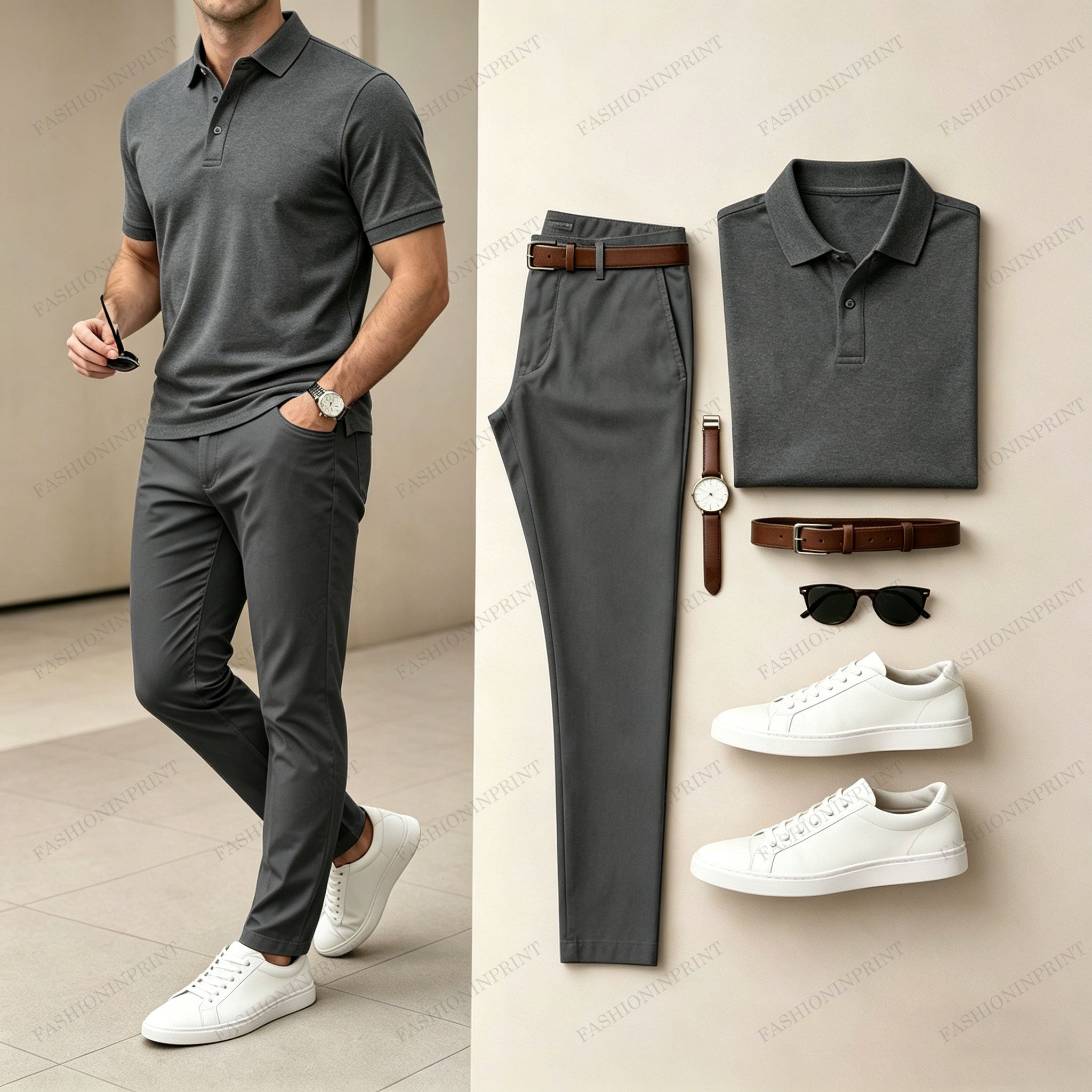 Men's Casual Dark Gray Printed Polo Shirt And Pants Two-Piece Set