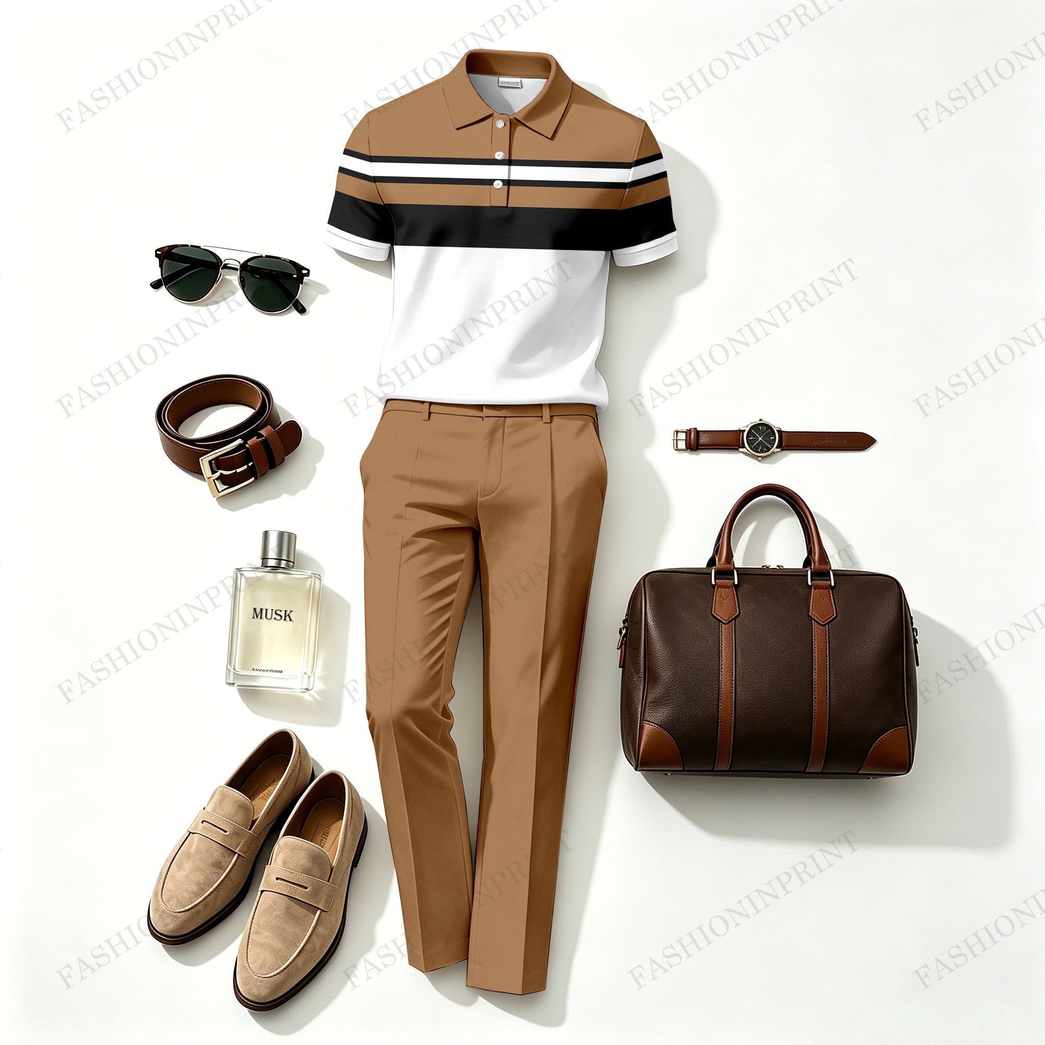Men's Khaki & White Geometric Casual Printed Polo Shirt And Pants Two-Piece Set