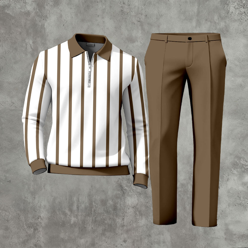 Men's Casual Color Matching Printed Polo-Collar Zipper Long Sleeved Trousers Two-Piece Set