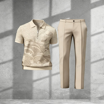 Men's Casual Blue Floral Short-Sleeved Half-Zip Polo Shirt And Blue Trousers Two-Piece Set