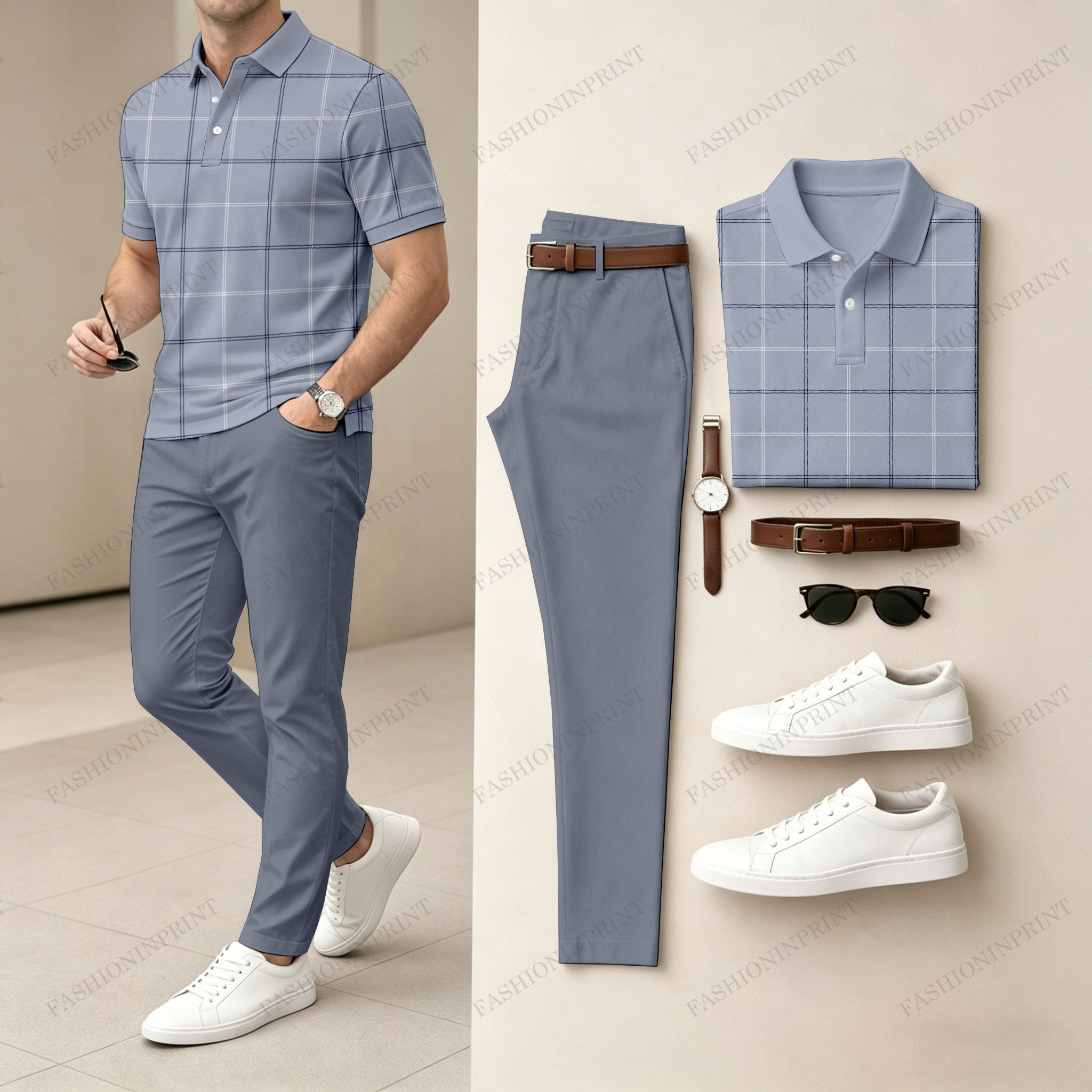 Men's Casual Gray Plaid Printed Polo Shirt And Pants Two-Piece Set