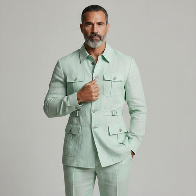 Men's Mint Green Multi-Pocket Turndown Collar Single Breasted Safari Jacket