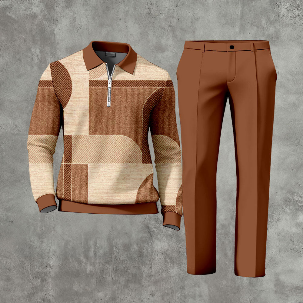 Men's Casual Color Matching Printed Polo-Collar Zipper Long Sleeved Trousers Two-Piece Set 1120