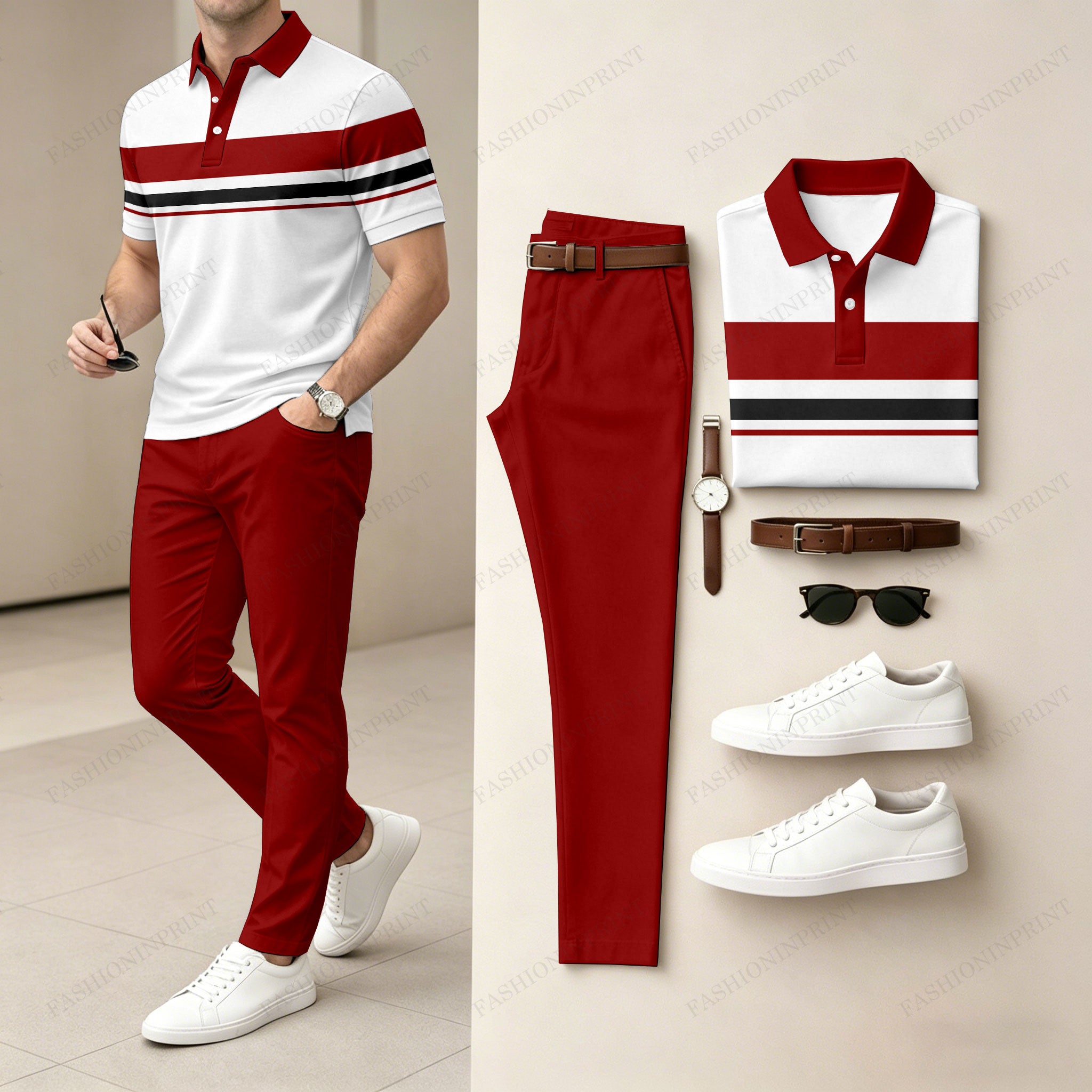 Men's Casual Red Geometry Printed Polo Shirt And Pants Two-Piece Set