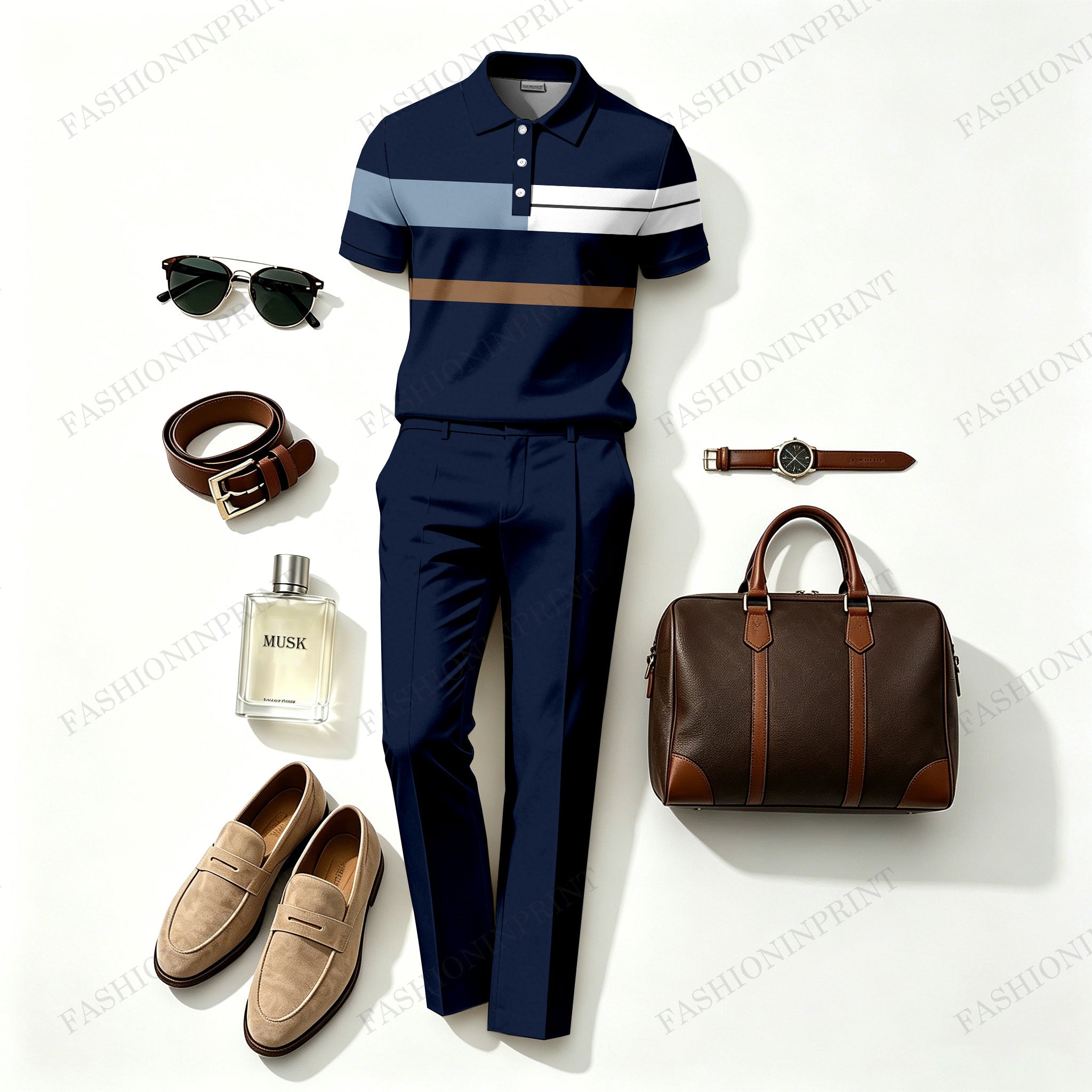 Men's Dark Blue Geometric Casual Printed Polo Shirt And Pants Two-Piece Set