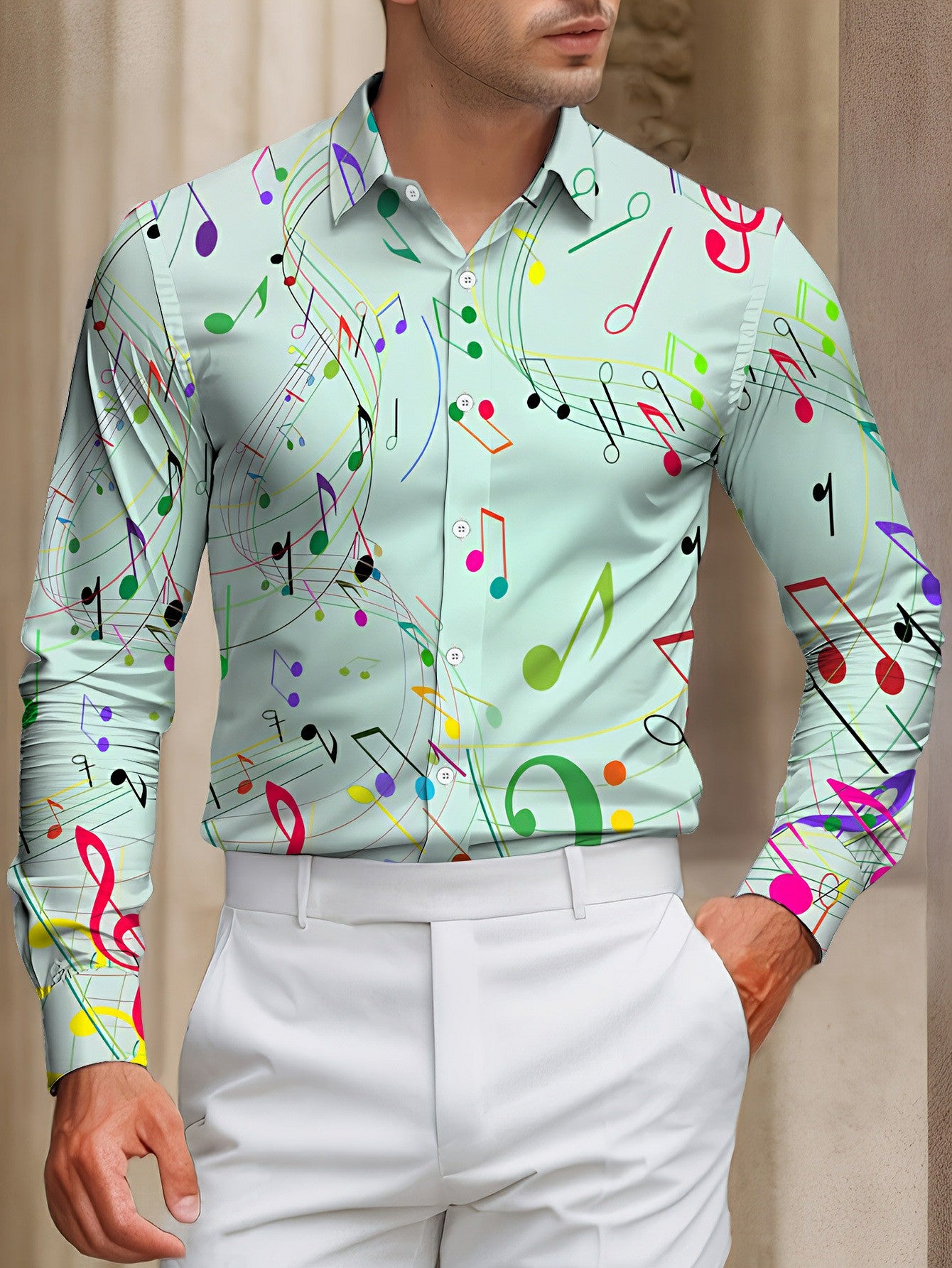 Men's Casual Light Green & Multi Color Music Print Long-Sleeve Shirt