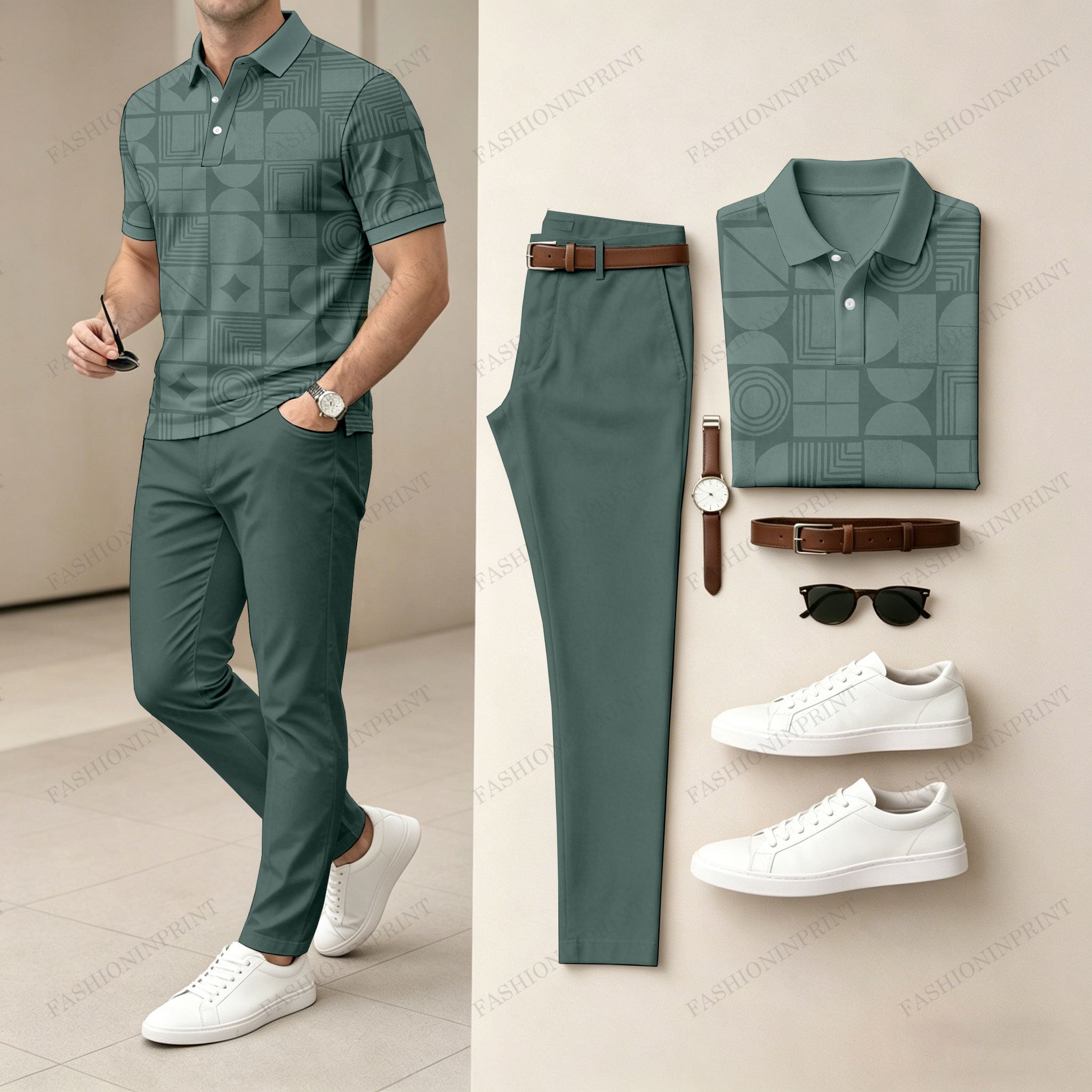 Men's Casual Dark Green Printed Polo Shirt And Pants Two-Piece Set