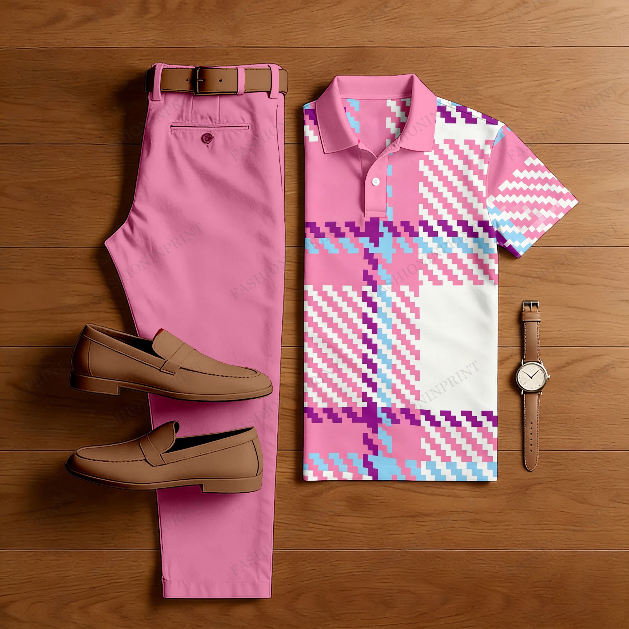 Men's Casual Pink Plaid Printed Polo Shirt And Pants Two-Piece Set