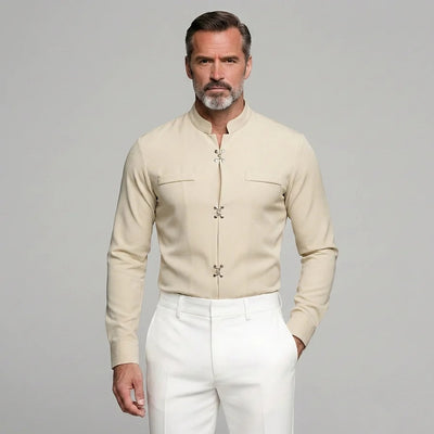 Men's Solid Stand Collar Metal Button Long Sleeve Shirts