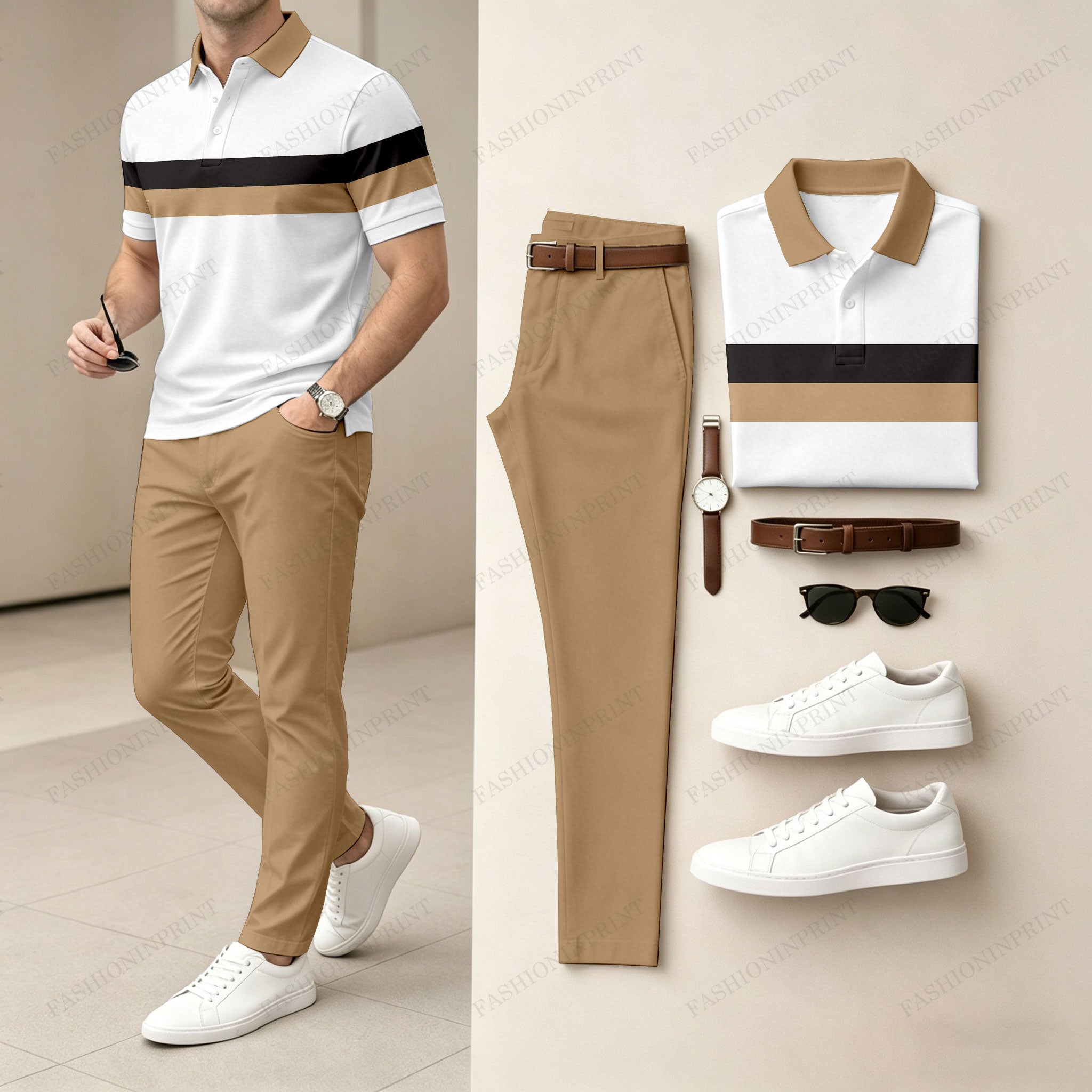 Men's Casual Printed Polo Shirt And Pants Two-Piece Set